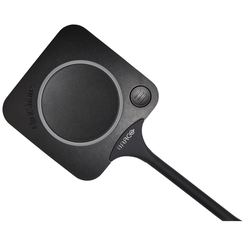 Ein schwarzes, quadratisches Gerät mit einem großen Kreis in der Mitte und zwei Tasten, beschriftet 'BARCO', vermutlich ein Präsentations-Adapter.